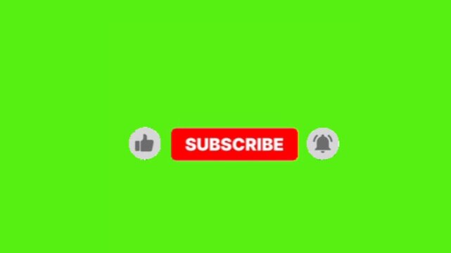 Dynamic social media animation features interactive subscribe button, like icon, and notification bell prompting viewer engagement for content creators and digital marketing campaigns on green screen