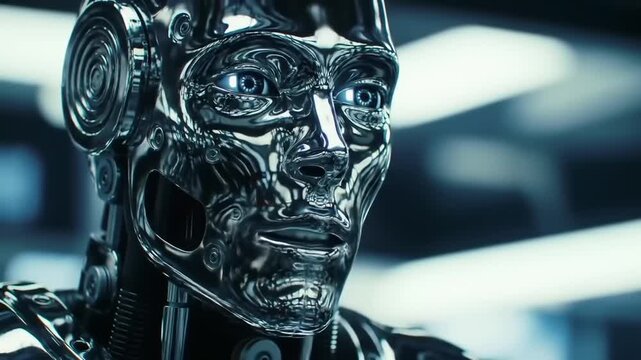 Metallic robot head close up