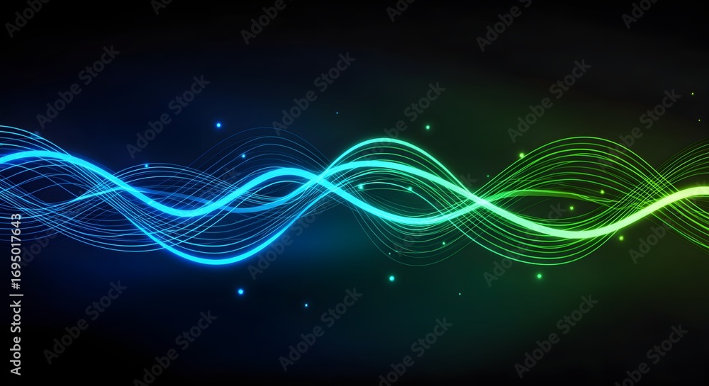 Poster abstract background with blue and green glowing wavy lines and small light particles around them