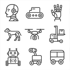 Robotic Technology Icons. Line style icons of robotic technologies: humanoid robot head, crawler robot base, robotic gripper hand,