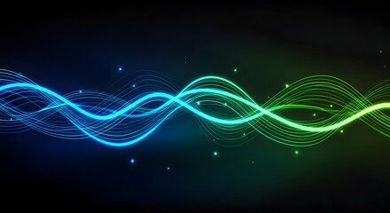 Abstract background with blue and green glowing wavy lines and small light particles around them