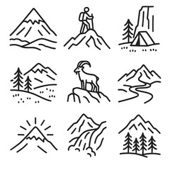 Fototapeta premium Mountain Adventure Icons. Line style icons of mountain and alpine scenery: snow-capped mountain, hiker on summit, tent at base of