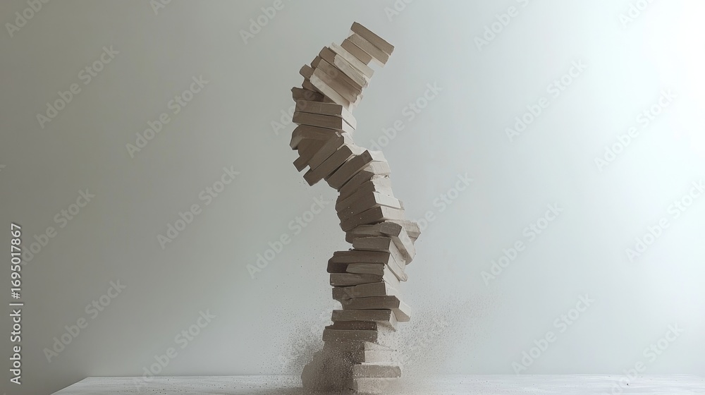 Poster Tense jenga game moment indoor setting visual content minimalist environment close-up view leaning tower concept