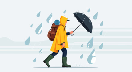 Fototapeta premium Illustration of a person with a backpack, umbrella and raincoat walking in the rain