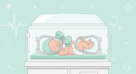 Illustration of a premature baby in an incubator, providing medical care and monitoring