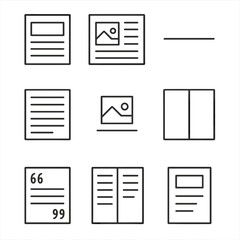 Minimalist Design Icons. Line style icons of editorial design in black and white: headline-only layout, text + image in black ink,