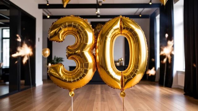 Golden Thirtieth Birthday Celebration Balloons with Sparklers for Anniversary Event