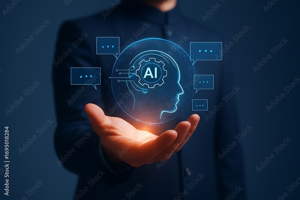 Poster artificial intelligence human brain hologram and futuristic innovation technology.