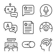 AI Communication Icons. Line style icons of AI-assisted communication: chatbot with smile icon, smart response generator, voice-to