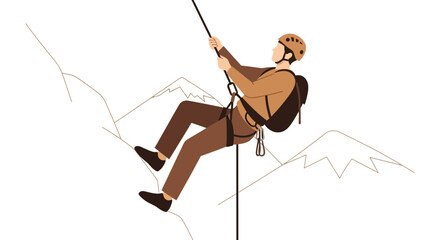Illustration of a rock climber rappelling down a mountain against a white background