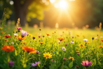 Golden hour sunlight bathes a vibrant summer meadow in warmth, wildflowers swaying gently in the breeze  Perfect for summer, nature, and idyllic themes ,  field,  outdoors,  warm
