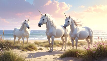 Obraz premium Three majestic unicorns stand on a sandy beach bathed in the soft light of a serene sunrise, their flowing manes and tails catching the gentle breeze.