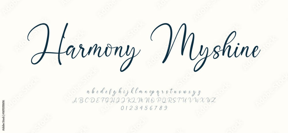 Fototapete signature font uppercase lowercase and number. script font calligraphy logotype elegant font type fo