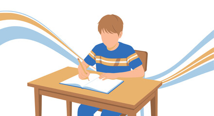 Fototapeta premium Illustration of a schoolboy writing in a notebook with a pencil on a desk