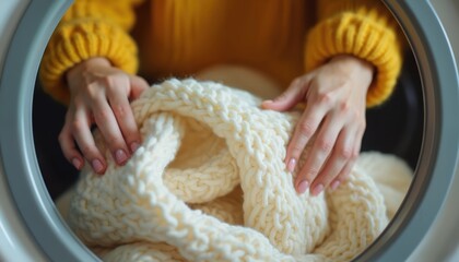 Hands placing cozy knitted blanket into washing machine for cleaning. Soft, warm textile care. Laundry routine, fabric maintenance. White woolen material, comfortable household chore.