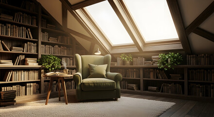 Naklejka premium Cozy library interior design with armchair, books, and natural light streaming through windows