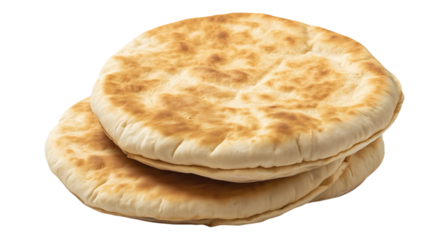Traditional Arabic pita bread stacked and isolated on white background, food ingredient for culinary and bakery projects