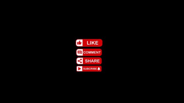 Dynamic animated social media call to action overlay with vibrant red buttons for likes comments and shares on a clean dark background perfect for engagement