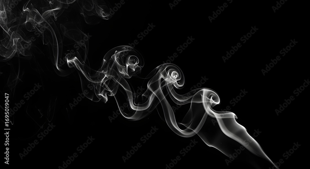 Poster an abstract monochrome image showing swirling patterns of smoke against a black background space