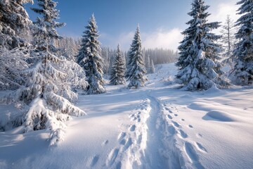 Fototapeta premium Snowy winter path through a frosted forest