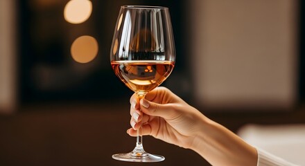 Obraz premium A glass of wine is held gracefully in a hand, with a soft bokeh background. 