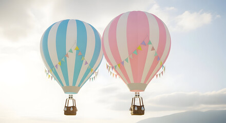 Fototapeta premium Romantic Twin Hot Air Balloons at Sunrise — Pastel Pink and Blue Striped Balloons Floating Over Soft Cloudscape for Engagement or Travel-Themed Design