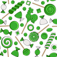 Seamless pattern with lollipop cockerel on stick and green sweets candy. Colored vector background. © rizik_pic
