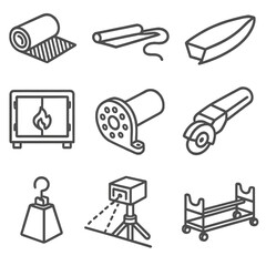 Fototapeta premium Blade Manufacturing Icons. Line style icons of Blade Manufacturing Steps: fiberglass cloth roll, resin infusion hose, blade mould