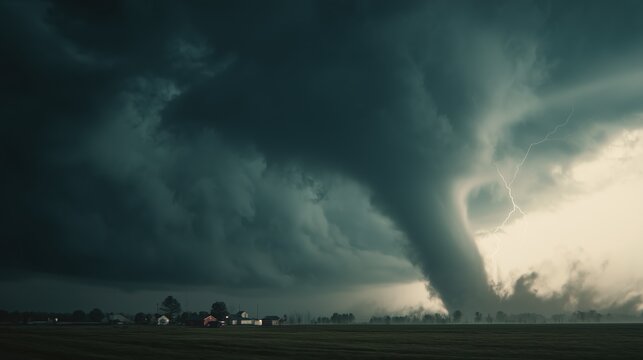 Tornado, huge funnel cloud, destructive force, swirling debris, dark ominous sky, strong lightning, rural scenery, dramatic atmosphere, high contrast, photo-realistic.  