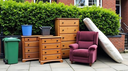 Discarded household furniture and trash bins placed outside for collection on a sunny day