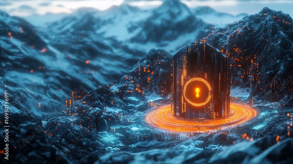 Aufkleber illuminating lock activation digital realm digital art futuristic environment aerial view glowing lo