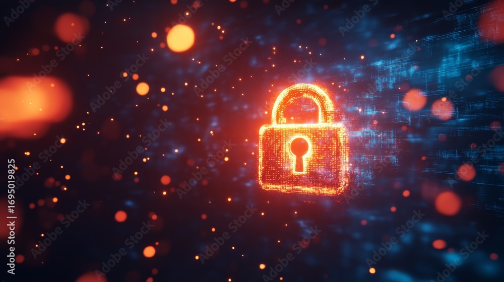 Poster securing data with a glowing lock symbol over a floating cloud digital security concept cyber enviro