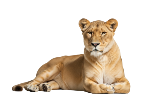 Photorealistic studio shot of an elegant asian lioness with pale sandy-ochre coat, reclining on a transparent background, concept of quiet strength and elegant serenity