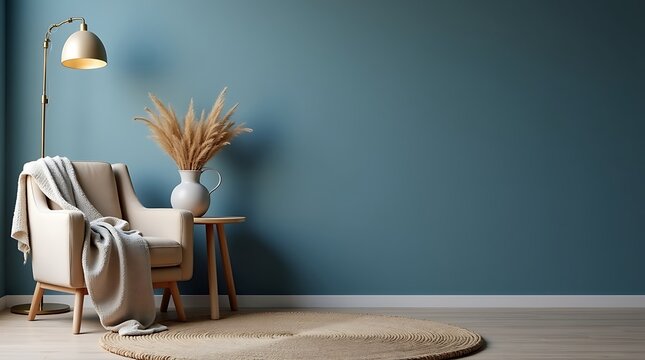 Cozy and inviting living room corner with a comfortable armchair draped blanket dried floral arrangement and a modern floor lamp against a serene blue wall