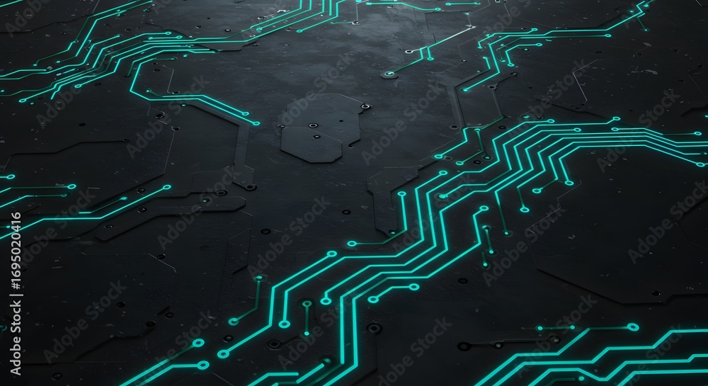 Poster glowing turquoise circuit board pattern on a dark surface creating a futuristic technology design lo