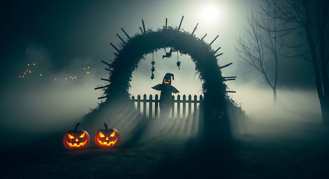 Spooky Halloween night with glowing pumpkins and a scarecrow in misty fog.