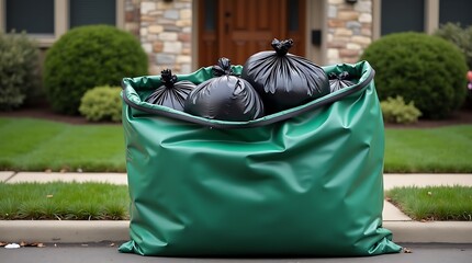 A large green garbage bag filled with trash and refuse is placed on the curb in front of a suburban house ready for collection day