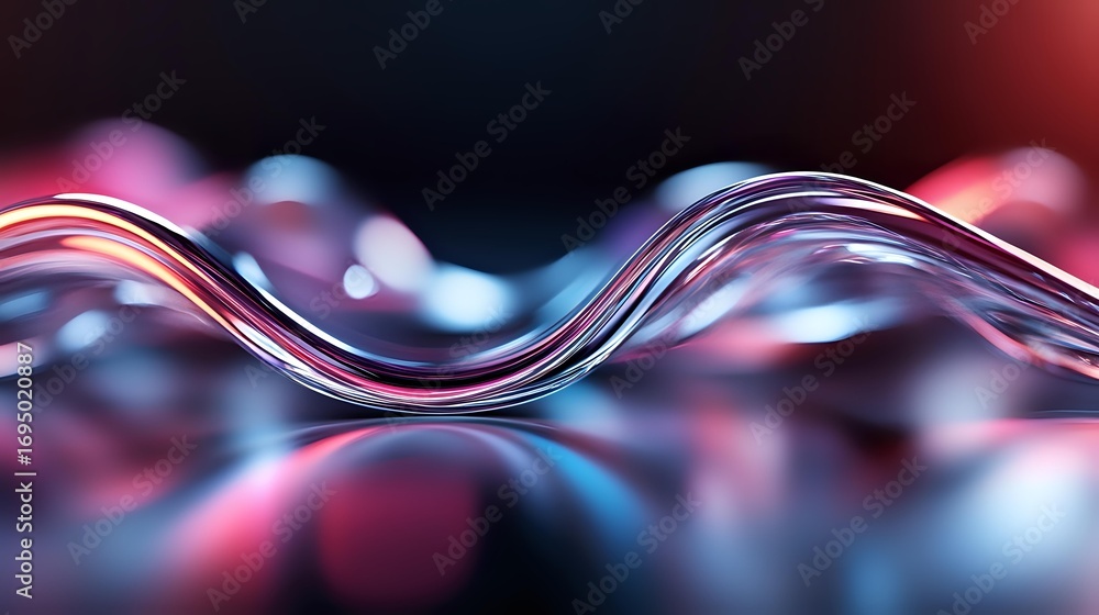 Poster abstract flowing liquid waves in pink and blue colors with smooth glossy surface and blurred bokeh b