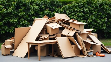 Large pile of discarded cardboard boxes and furniture debris collected for waste removal and recycling on a paved surface outdoors