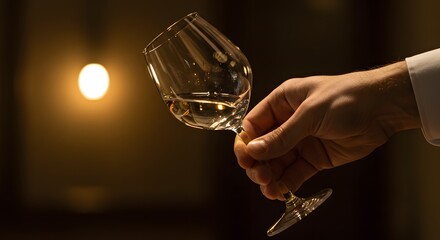 A hand carefully holding a delicate wine glass filled with a delightful alcoholic beverage. 