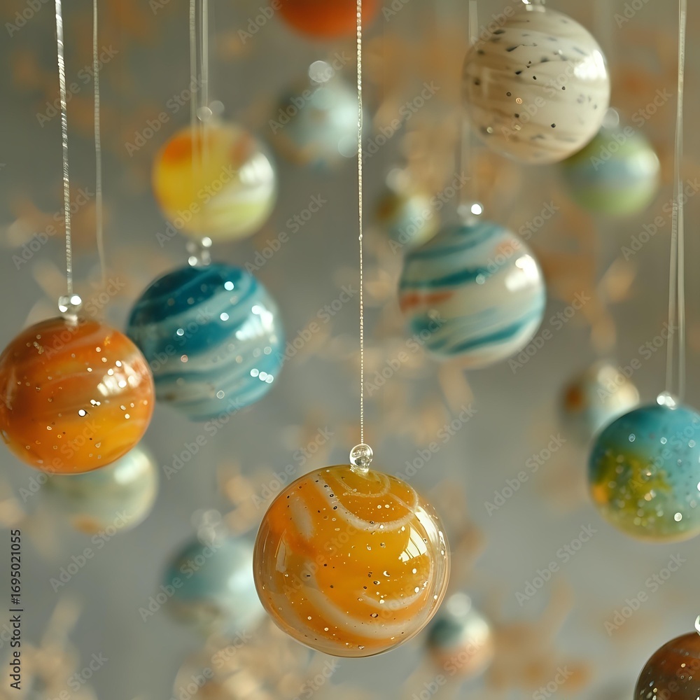 Poster glass ornaments in orange and turquoise colors hanging on strings against blurred background, creati