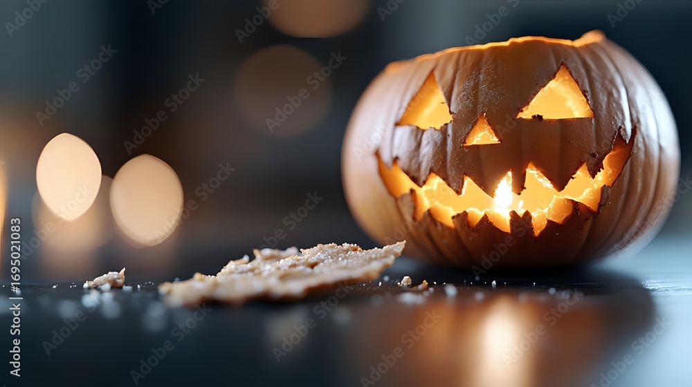 Poster glowing carved pumpkin with scary face illuminated from inside on dark background with bokeh lights,