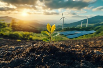 Young green plant growing from soil with wind turbines and solar panels in background during golden sunset, representing sustainable development and renewable energy.