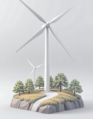 Island with wind turbines and trees