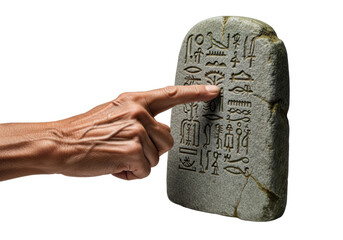 Aged, weathered hand with prominent wrinkles tracing faded hieroglyphs on ancient, textured grey stone tablet with green patina against transparent background, concept of ancient knowledge