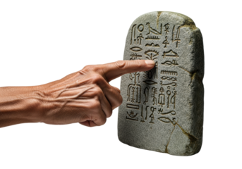 Aged, weathered hand with prominent wrinkles tracing faded hieroglyphs on ancient, textured grey stone tablet with green patina against transparent background, concept of ancient knowledge