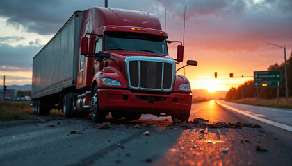Red semi-truck overturned on highway during sunset. Debris litters road around wreckage. Traffic lights visible in distance suggest road disruption, need for recovery services. Heavy duty truck
