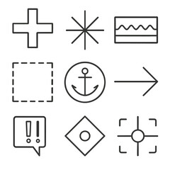 Fototapeta premium Nautical Symbols Outline. Outline style icon of Electronic Chart Symbols: danger wreck cross, isolated rock asterisk, dredged