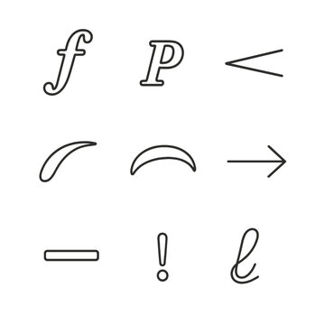 Musical Symbols Outline. Outline style icon of Musical Expressions & Markings: forte F, piano P, crescendo hairpin, decrescendo