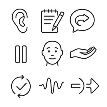 Active Listening Icons. Outline style icon of Active Listening Signs: attentive ear, note-taking pad, reflective paraphrase bubble